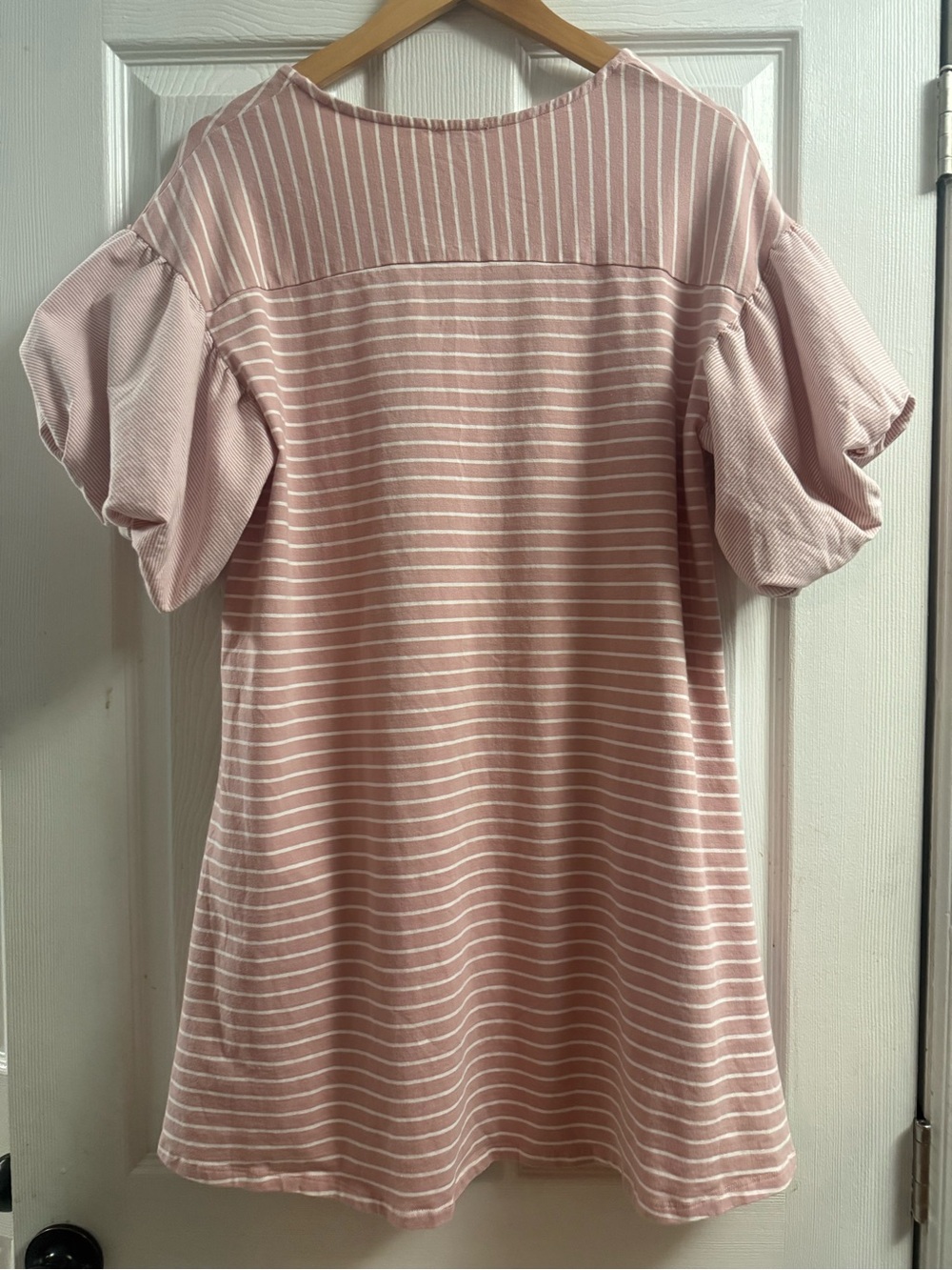 Umgee Pink White Stripe Mini Dress Short Puff Sleeves Round Neck Medium - Picture 5 of 8